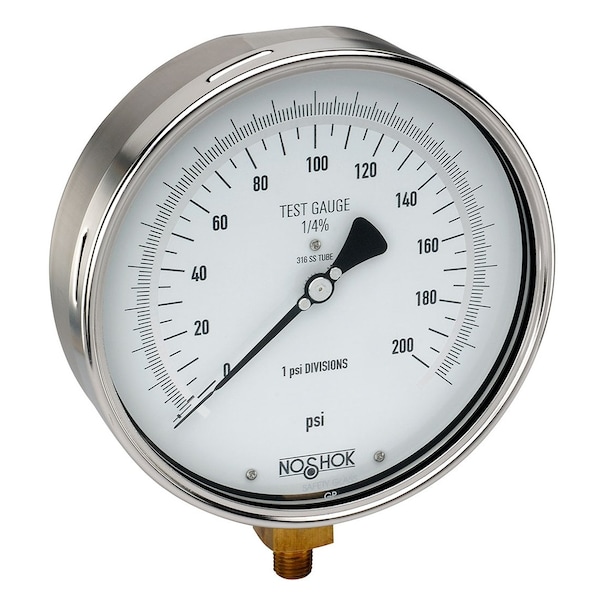 Pressure Gauge, -30 inHg to 0 psi psi, 6 in Dial, 1/4 in NPT, Bottom Location